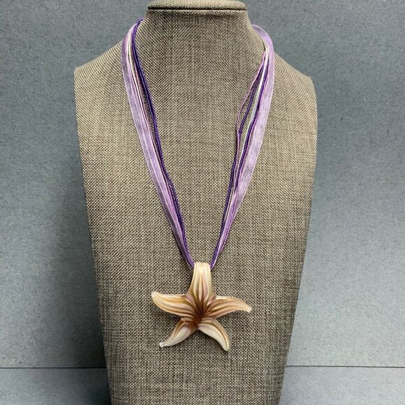 Glass Pendant Necklace 18 In Purple Starfish Flower Sparkle Swirl Ribbon Cord - Picture 1 of 6